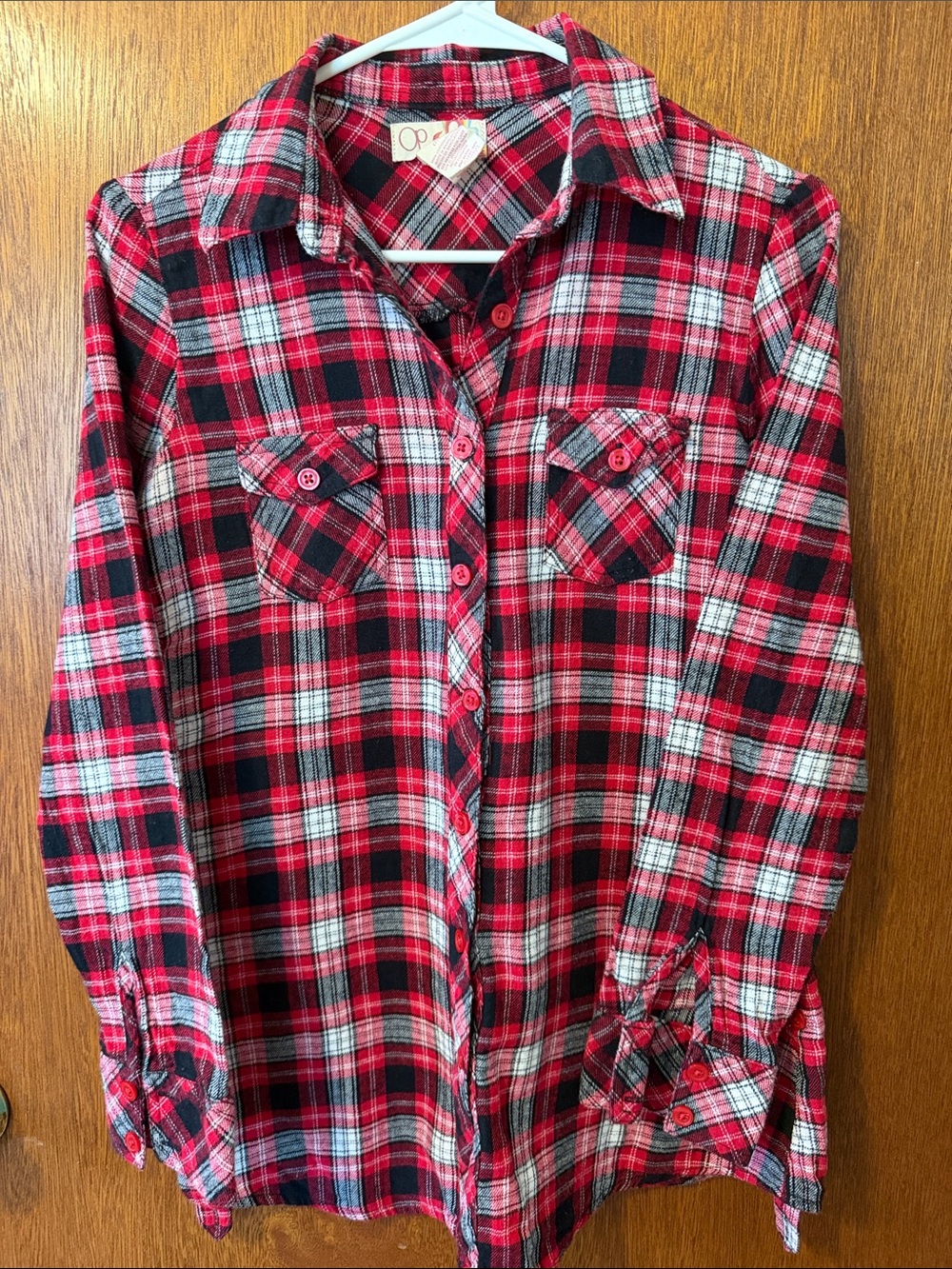 OP red plaid flannel cozy for fall, 7/9 S/M